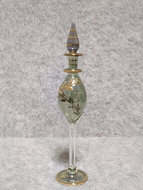 Hand Blown Egyptian Glass Perfume Bottle With Stopper Blue Green With Gold Trim